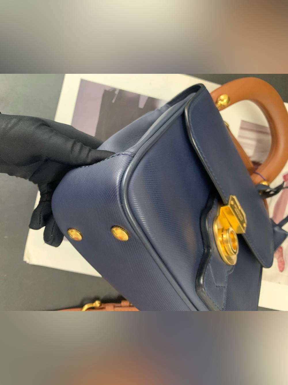 💙Burberry Small DK88 Ink Blue & Tan Leather Top Handle Bag - Picture 8 of 14
